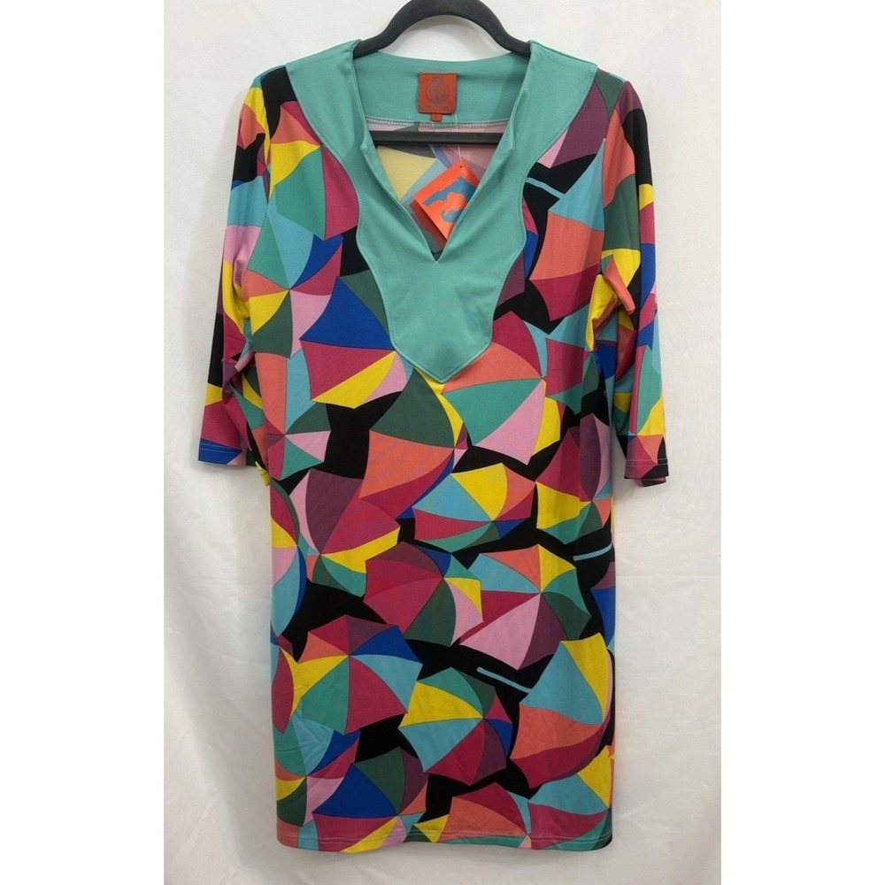 NWT Tracy Negoshian Sunshade‎ Geometric Print Dress Colorful V Neck Size Large